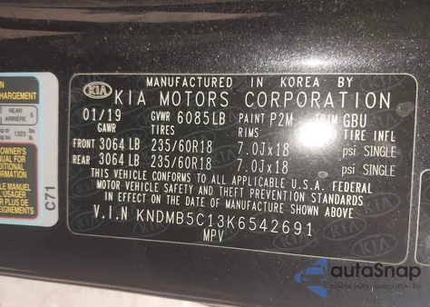2019 Kia Sedona Ex z USA, uszkodzony, nr VIN KNDMB5C13K6542691